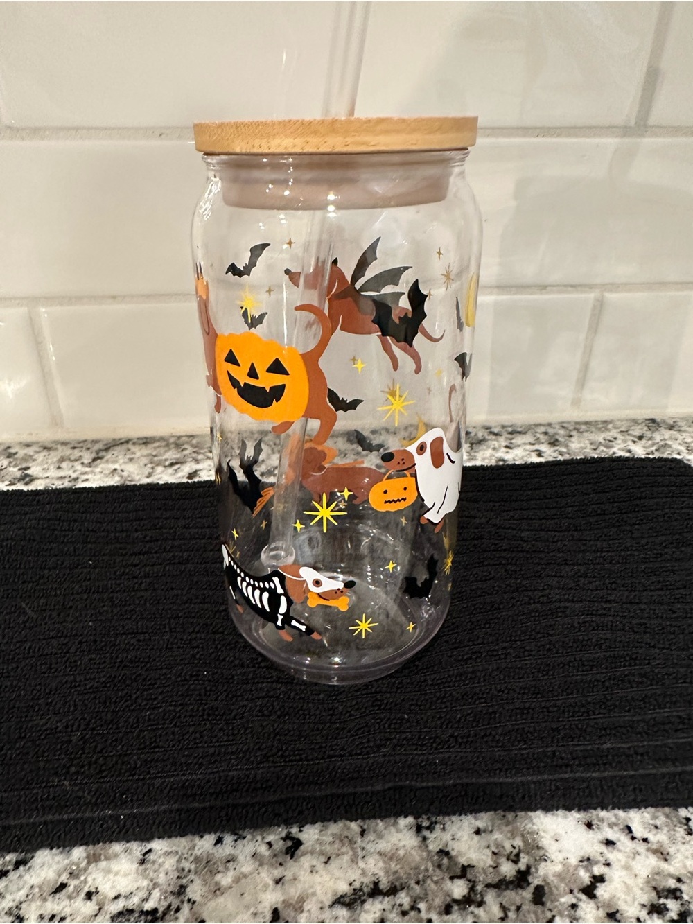 Halloween Dog & Pumpkin Plastic Canister with Bamboo Lid